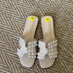 Madden Girl Beige Pearl-Embellished Slide Mules